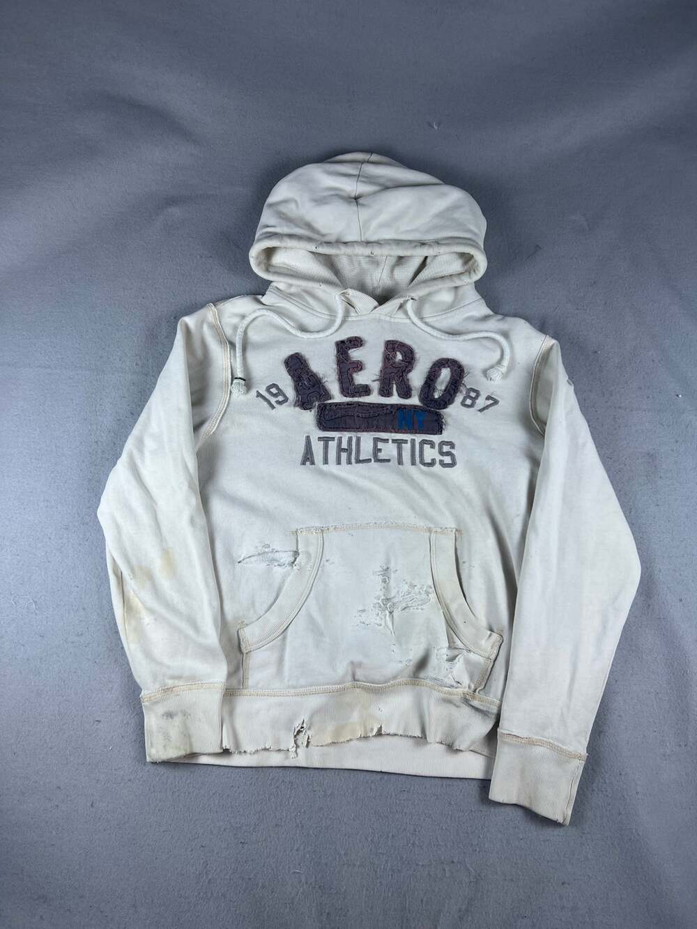 Aeropostale Hoodie Mens M Off White Distressed Grunge Logo Embroider Sweatshirt